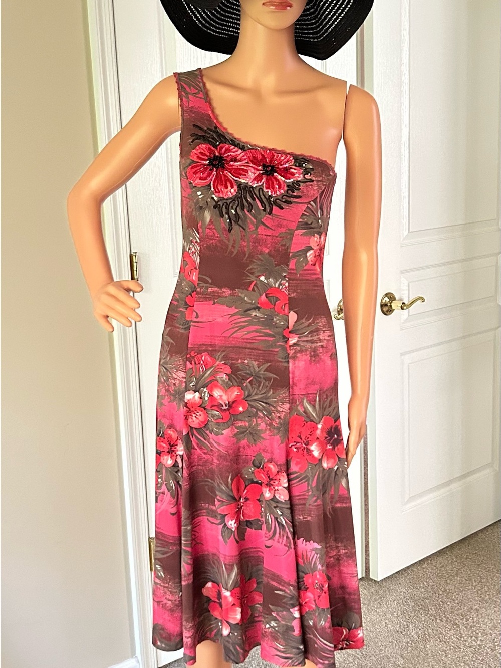 Blumarine One-Shoulder Floral Midi Dress in Pink and Brown